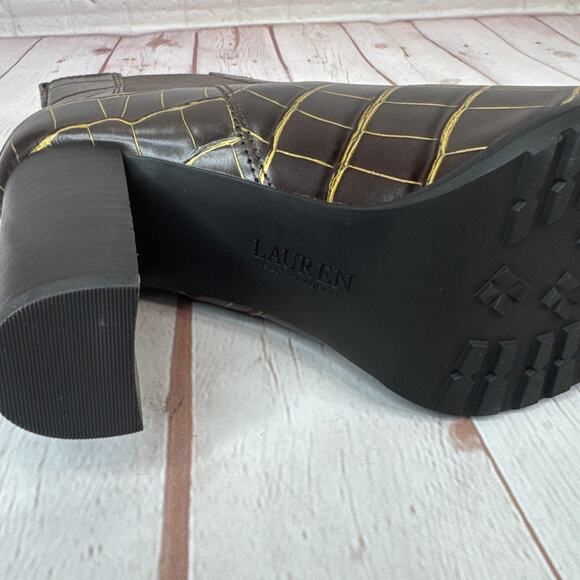 Lauren Ralph Lauren Mylah Leather Chelsea Brown Gold Boots Women’s Size 8 - Picture 10 of 11